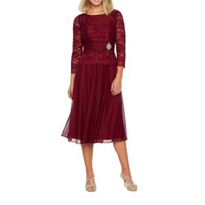 Jackie Jon New York 3/4 Sleeve Midi Party Dress 4 Burgundy